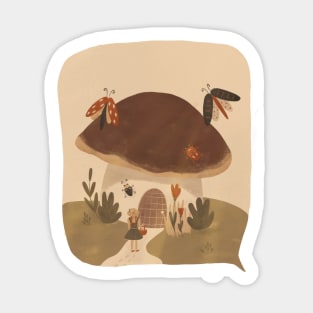 Girl on a mushroom hunt illustration in warm colors Sticker